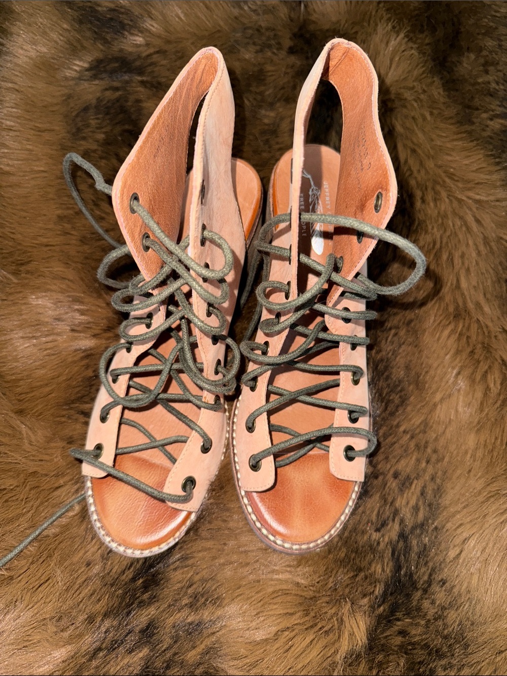 Jeffrey Campbell Tan Leather Lace-Up Boot Sandals with Olive Laces